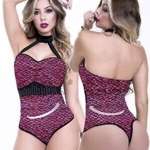 Capellini Fashion Lace Bodysuit Halter Neck Rhinestone Accents Size XL Petite